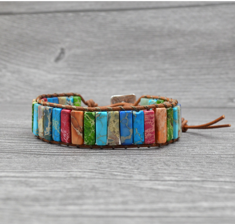 Colored Imperial Stone Hand-woven Single-layer Leather Bracelet Jewelry DealSniper.net Women Size