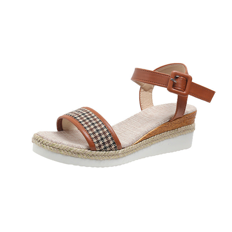 Houndstooth Print Sandals Women Summer Buckle Dress Shoes Women DealSniper.net Light brown Sdize41