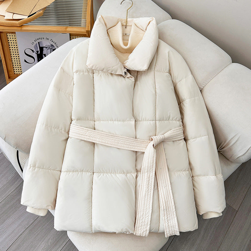 Winter Plaid Sewing Lapel Coat With Lace-up Design Fashion Women DealSniper.net White 2XL