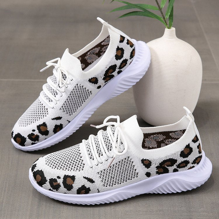White Shoes Women Leopard Print Lace-up Sneakers Sports Women DealSniper.net