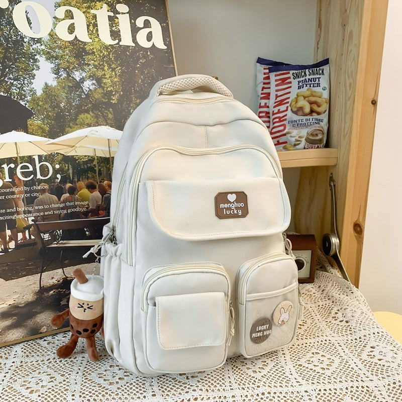 Cute Campus Preppy Backpack Large Capacity Multi-pocket Bags Women DealSniper.net White With Pendant