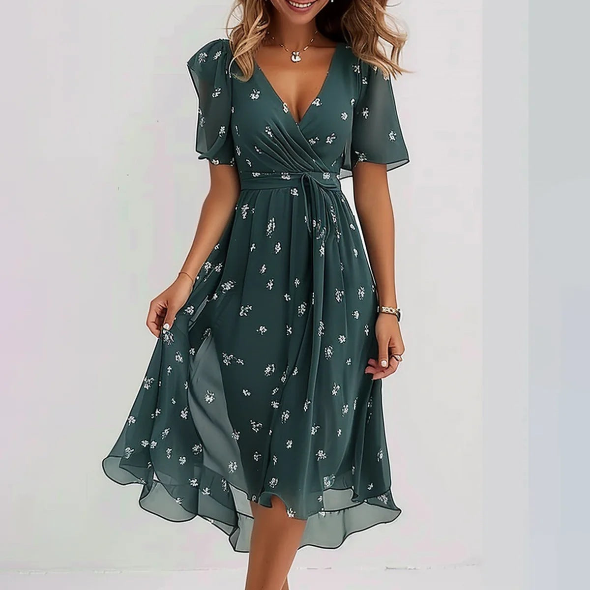 Chiffon Printed Short Sleeve Dress Summer Elegant V-neck Women DealSniper.net Green L