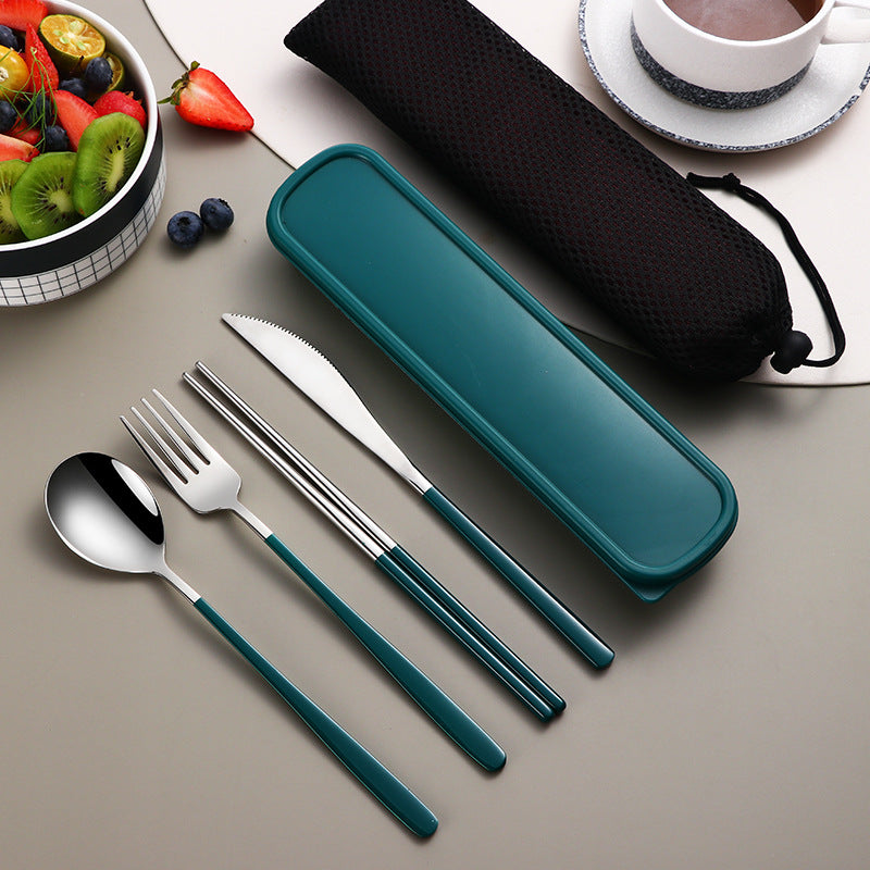 304 Dinnerware Set Flatware Kitchen Accessories Camping Travel Sets Gold Knife Fork Spoon Portable Cutlery Sets With Case Travel DealSniper.net Silver dark green