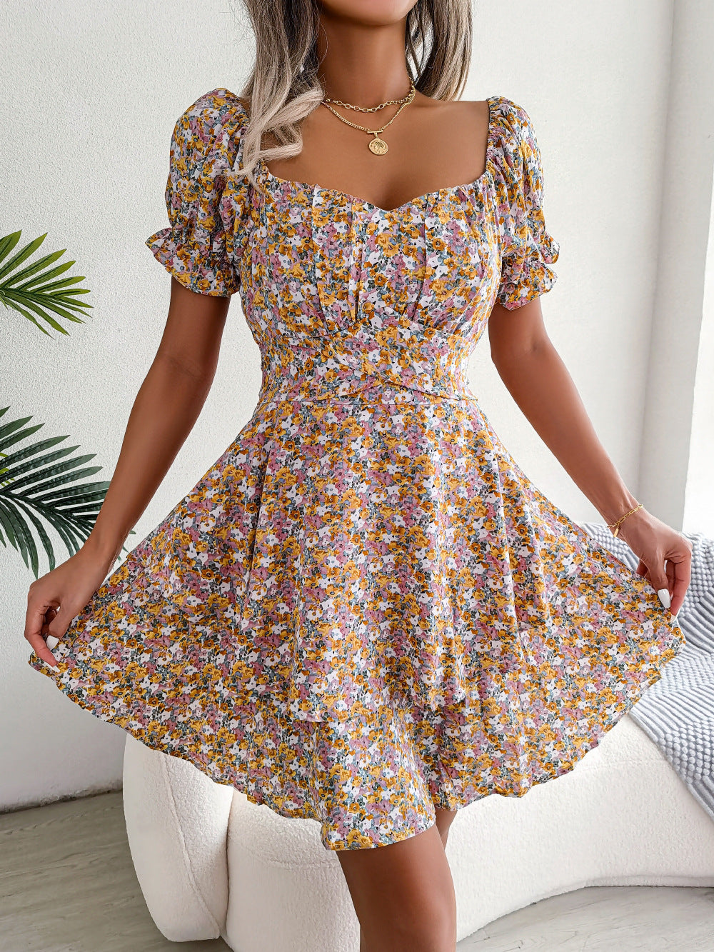 Women Mini Dress Temperament Big Swing Loose Hem Flower Women DealSniper.net Yellow L