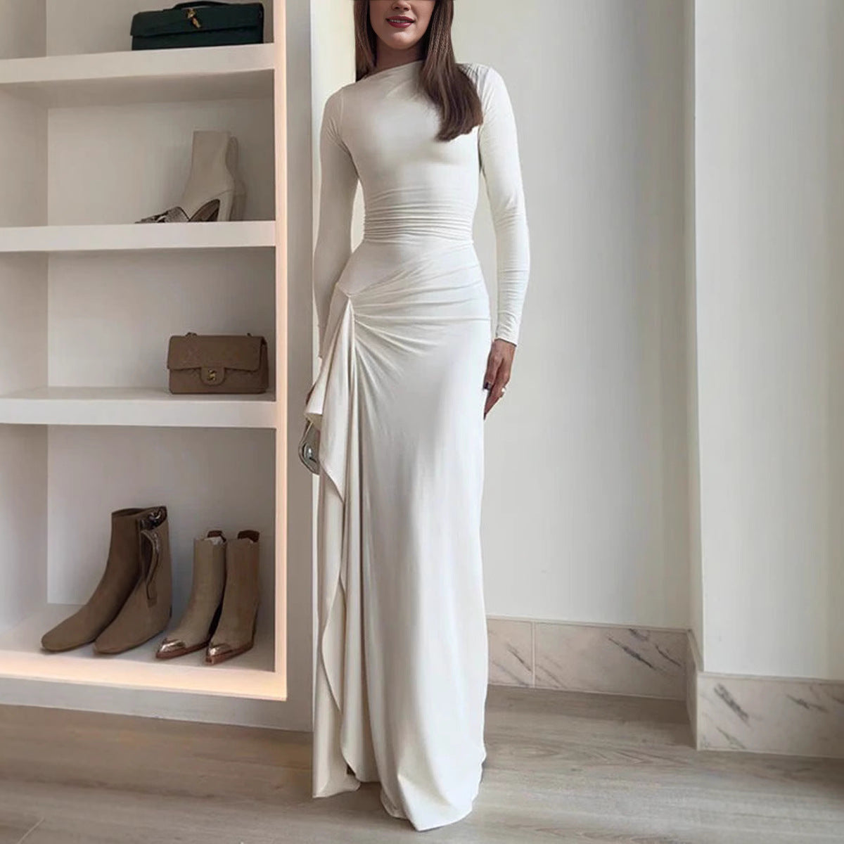 Slim-fitting Long-sleeved Asymmetric Split Dress Ins Fashion Women DealSniper.net White L