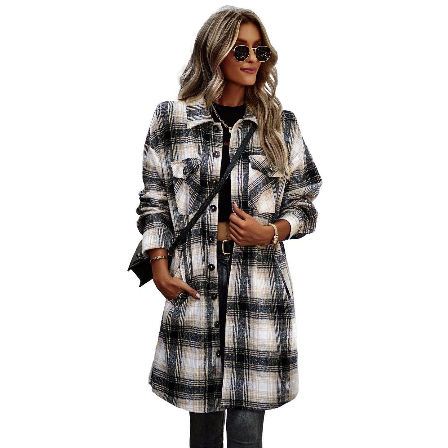 Temperament Leisure Long Plaid Tup Cardigan Coat Women DealSniper.net