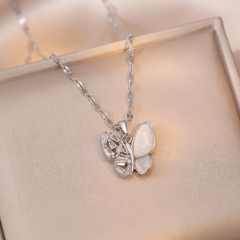 Fashion Jewelry Women's Graceful And Fashionable Opal Butterfly Pendant Necklace Jewelry DealSniper.net Steel Color
