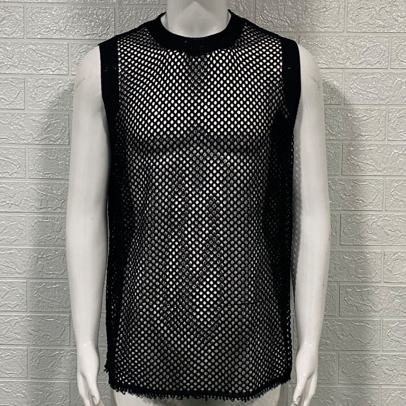 Solid Color Round Neck Sleeveless Hollow Knitted Vest Men DealSniper.net Black L