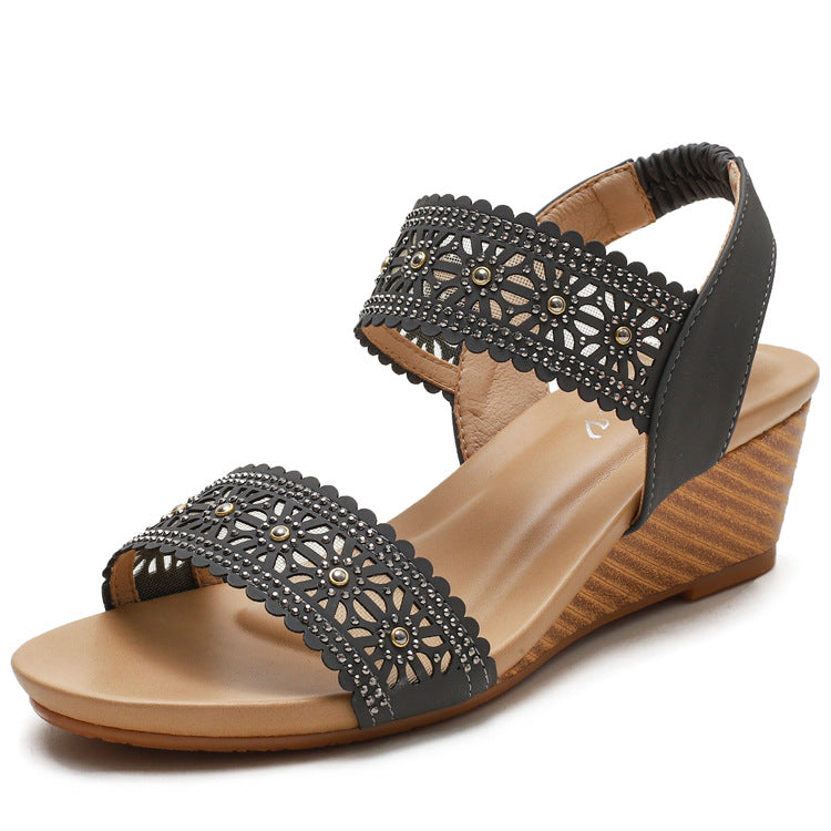 Flower Hollow Out Sandals With Rhinestones Wedges Shoes Women Women DealSniper.net Gray Size36