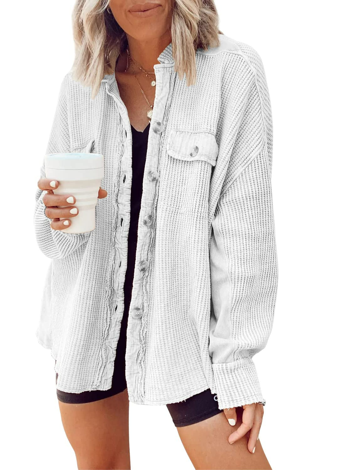 Button Shirt Jacket Women Lapel Long Sleeve Blouse Women DealSniper.net White L