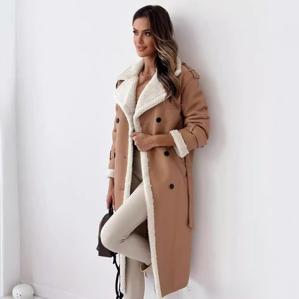 Winter Jacket With Belt Fashion Double Breasted Lapel Windbreaker Women Gym From House Khaki L