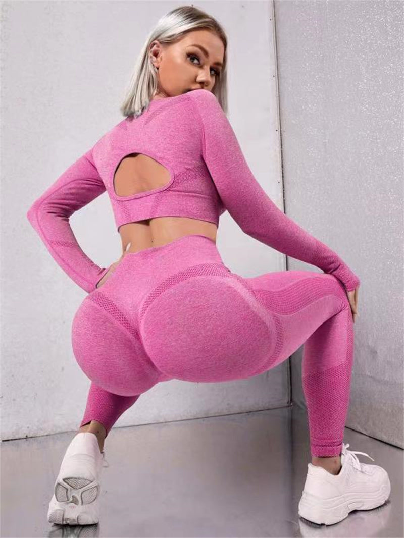 Sports Suits Long Sleeve Hollow Design Tops And Butt Lifting High Waist Sports DealSniper.net Rose Red L