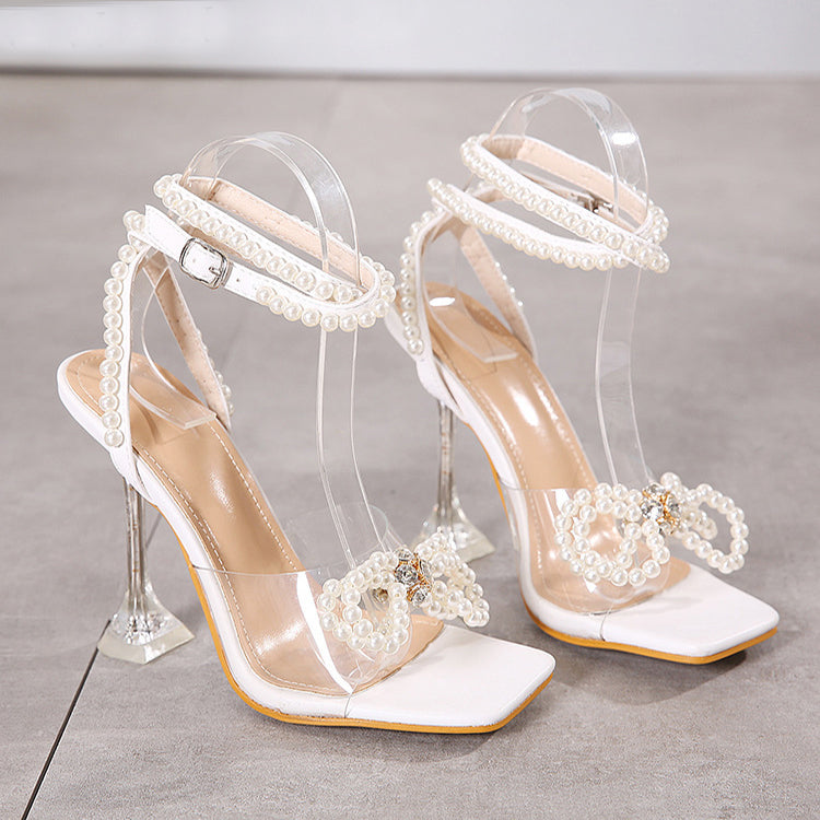 Pearl Bow Sandals For Women Summer Square Toe Thin High Heel Shoes Women DealSniper.net