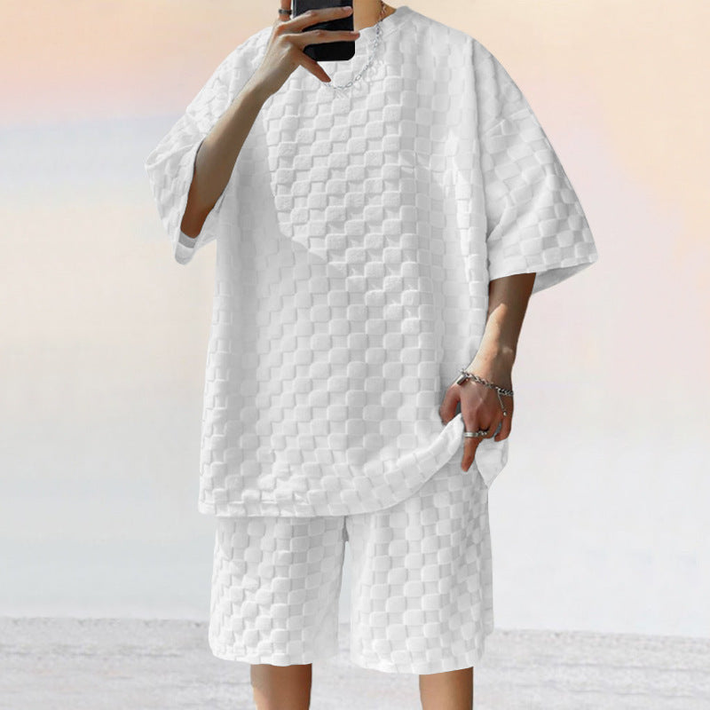 Jacquard Plaid Loose Straight Casual Shorts Suit Men DealSniper.net White L
