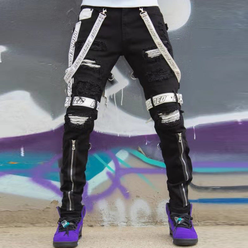 Webbing Jeans With Ripped Feet And Zipper Slim Fit Men's Clothing Men dealsniper-net Black 2XL