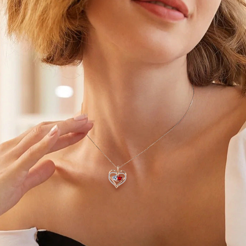 S925 Silver Double Love Necklace With Rhinestones Jewelry DealSniper.net