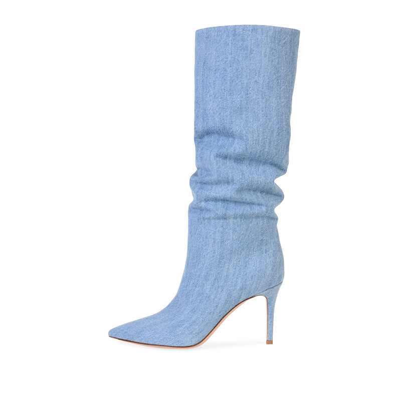 Pointed Suede Brown Stiletto Heel Fashion Mid Tube Knee Length Womens Boots Women DealSniper.net Denim Blue 34