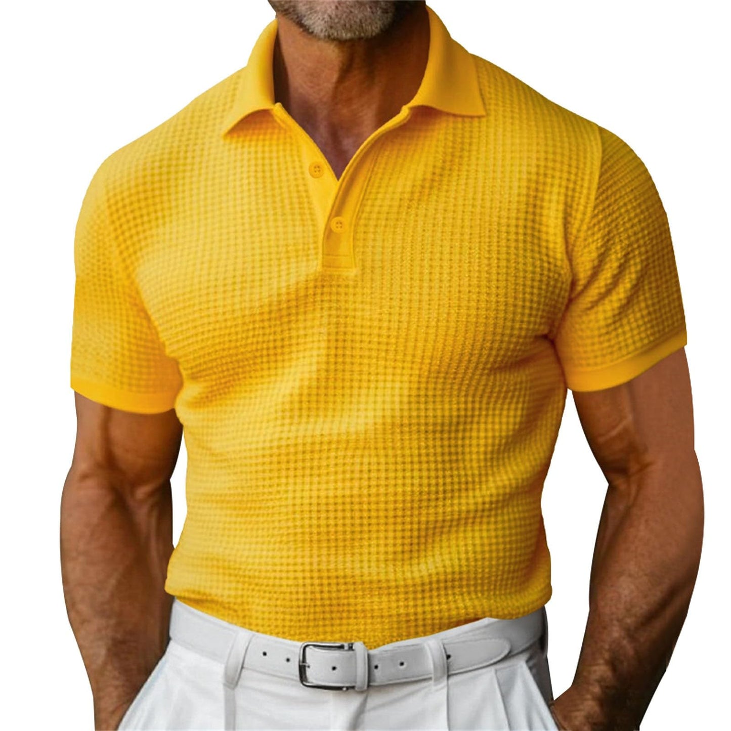 Waffle Short Sleeve Polo Shirt Men's Fashion Men Gym From House Yellow 2XL