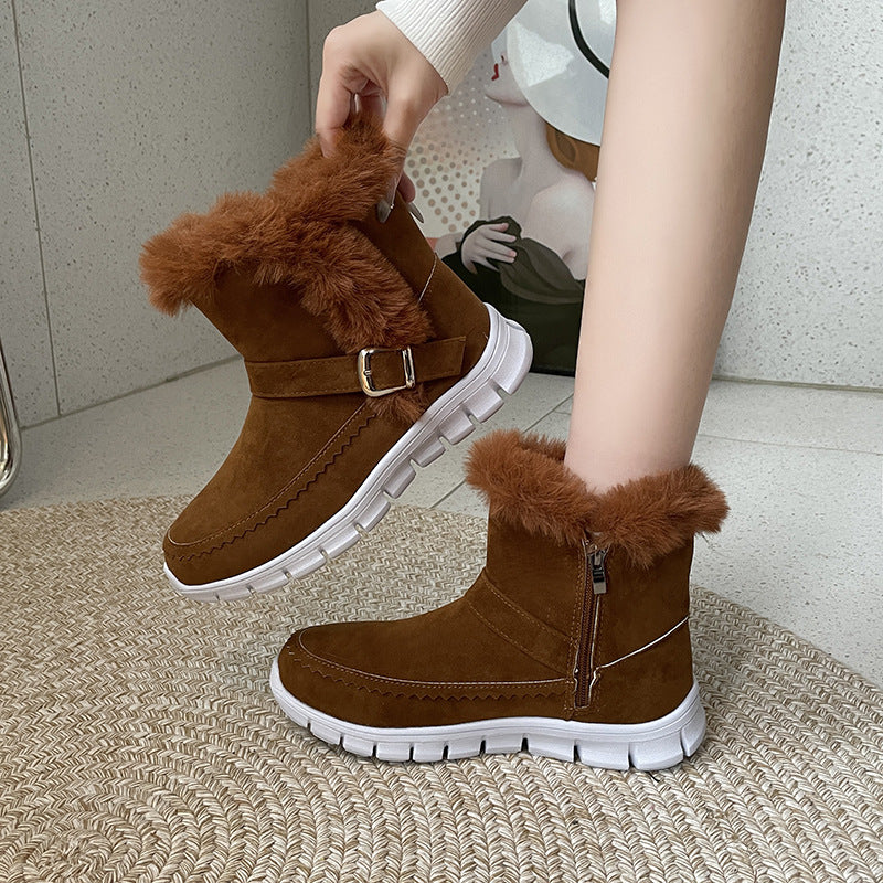 New Snow Boots Winter Warm Thickened Solid Color Plush Ankle Boots With Buckle Design Plus Velvet Flat Shoes For Women Women DealSniper.net