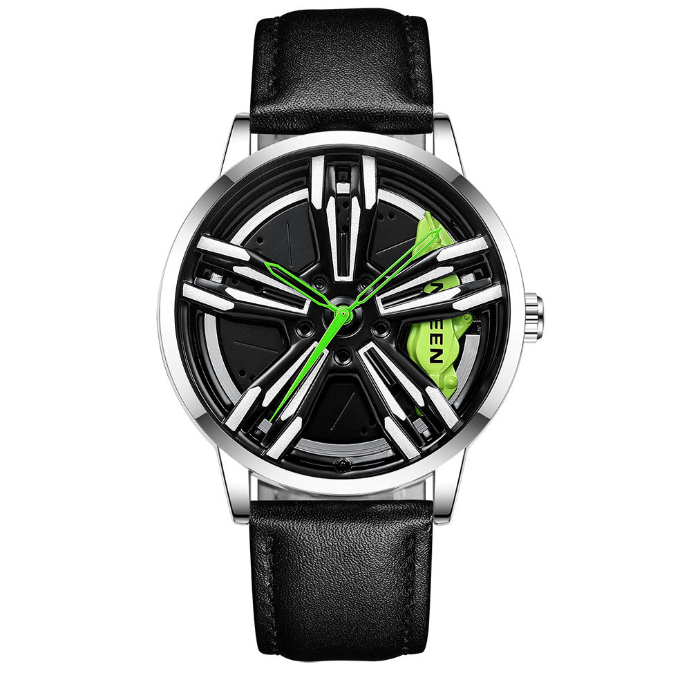 Locomotive Watch Men's Rotating Wheel Three-dimensional Hollow Car Men dealsniper-net Black leather white steel gree