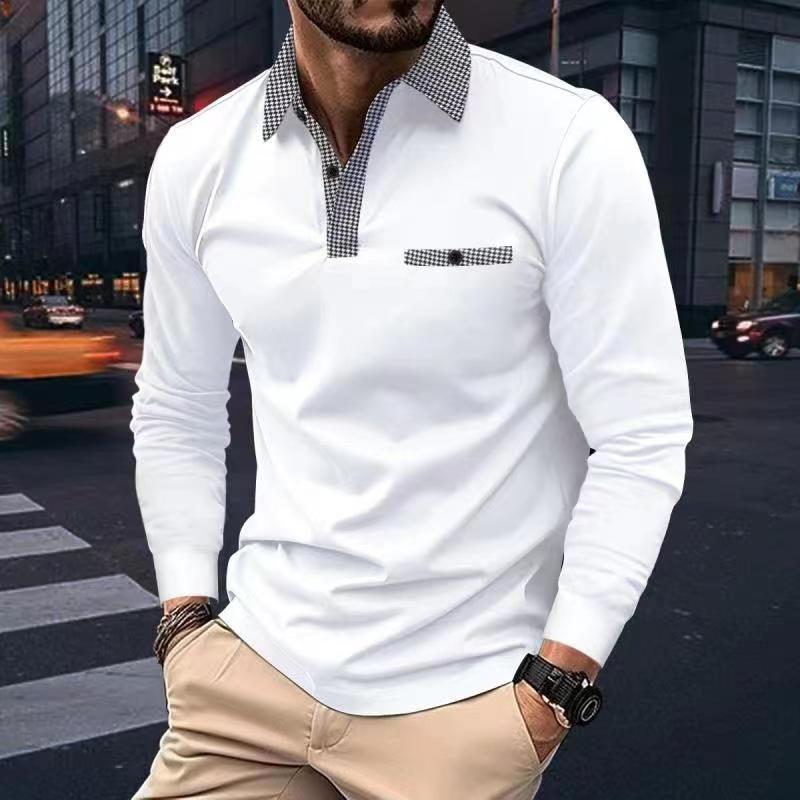 Leisure Plaid Lapel Polo Shirt Fashion Solid Color Long Sleeve Men Gym From House White L