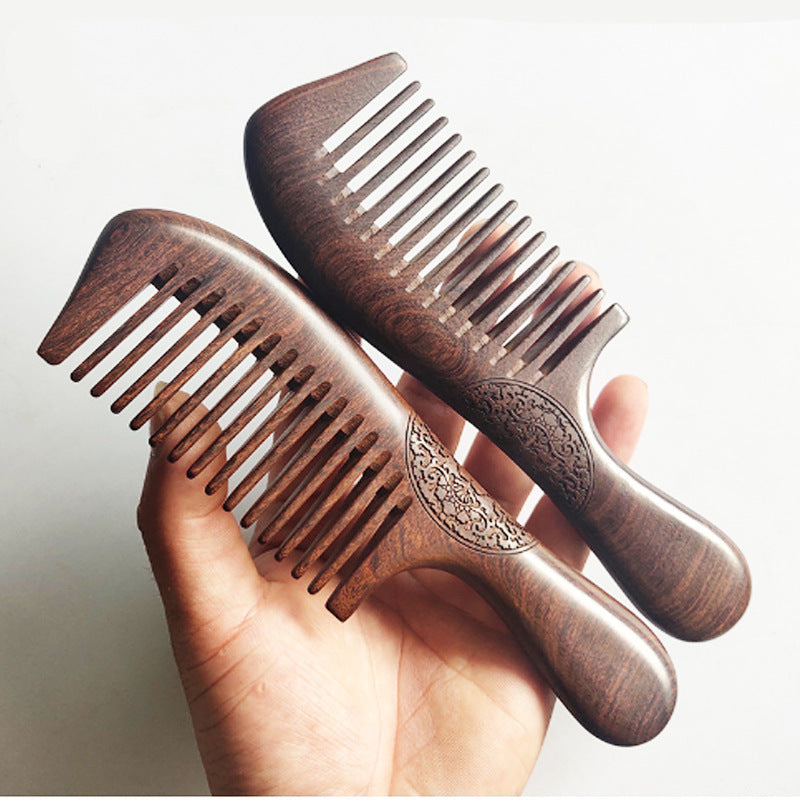 Gold Wire Green Circle Handle Double-sided Carved Wooden Comb Beauty DealSniper.net Medium Tooth Comb
