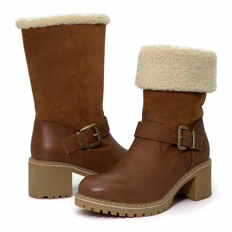 Fashion Boots With Buckle Chunky Heel Shoes Warm Winter Women DealSniper.net Light Brown 35