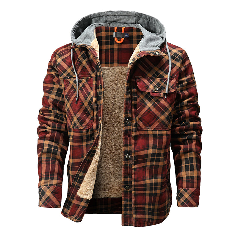 Men Warm Jacket Fleece Lining Lumberjack Plaid Hooded Jackets Snap Button Men DealSniper.net