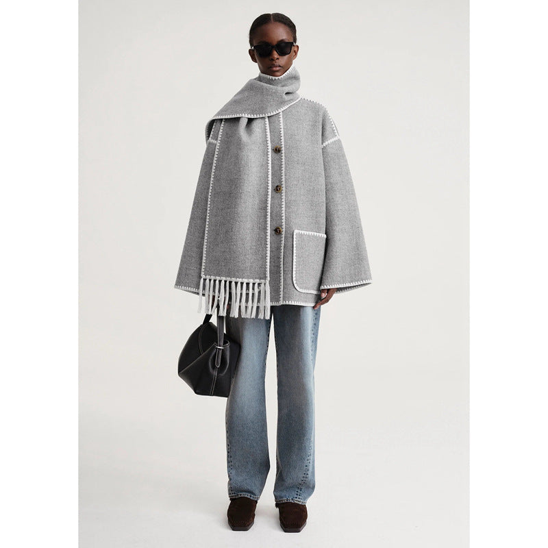 New Wool Blend Autumn And Winter Tassel Scarf Collar Loose Woolen Coat Women DealSniper.net