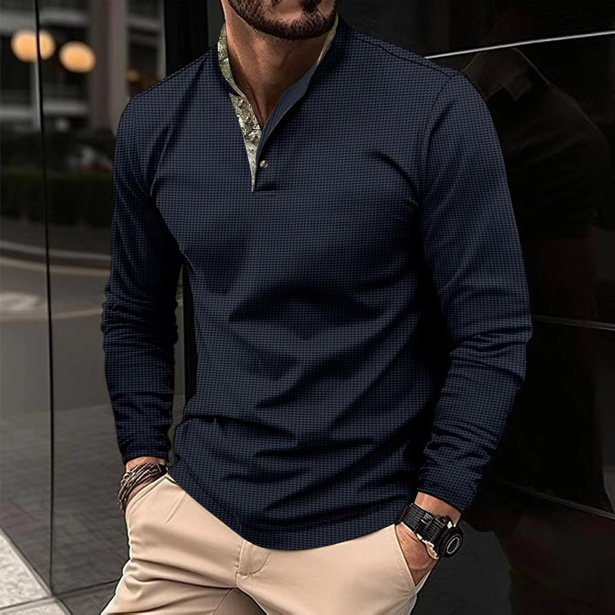Men's Double Layer Lapel Polo Shirt Fashion Waffle Men DealSniper.net Navy Blue L