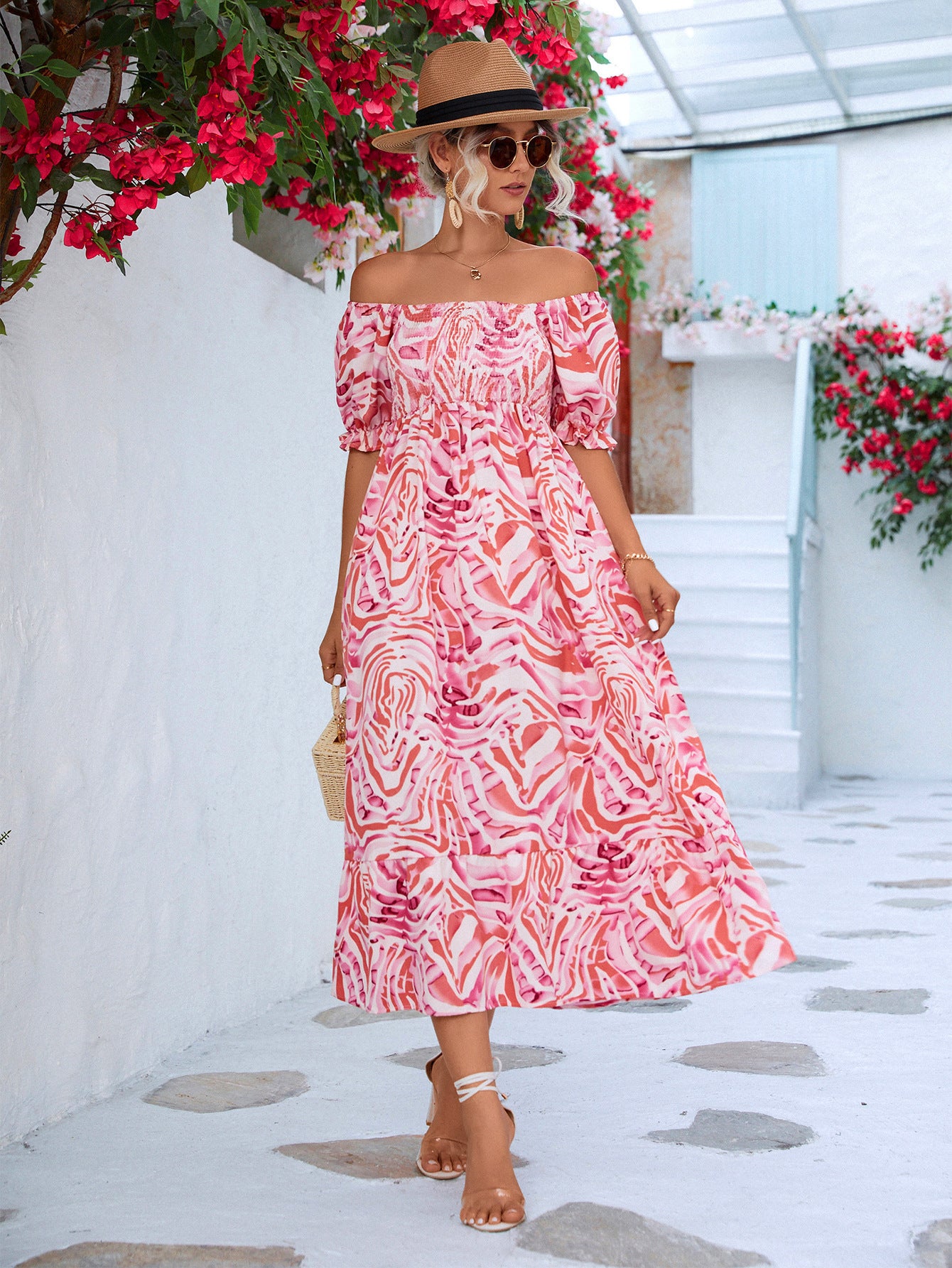 Women's Off-shoulder Smocking Printed Dress Women DealSniper.net