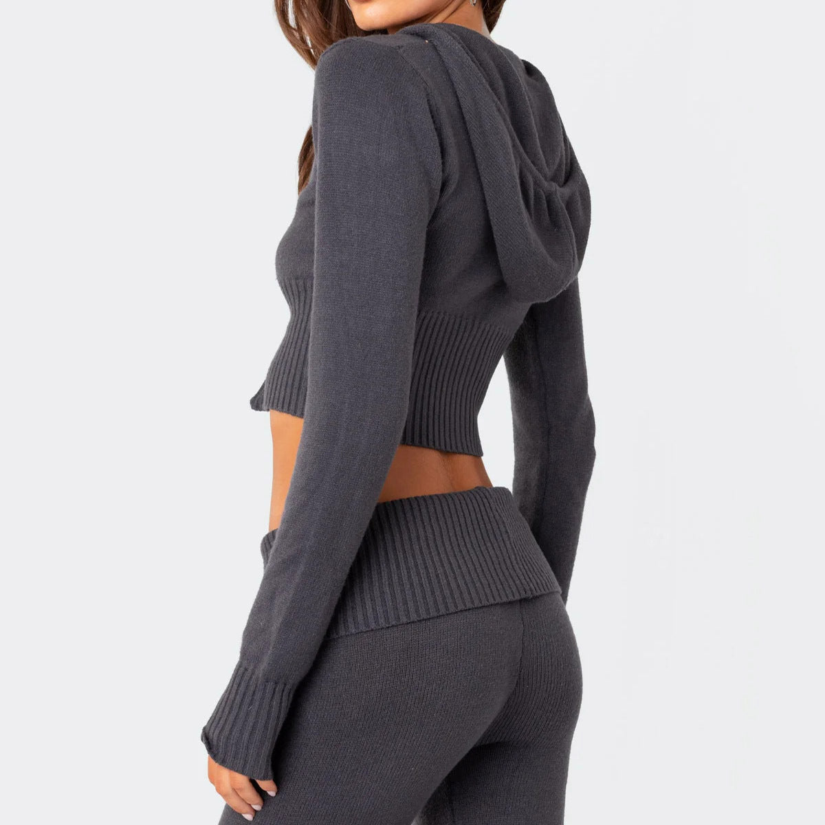 Fashion Knitted Hooded Suit Long Sleeve Zipper Cropped Top Women DealSniper.net