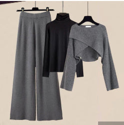 3pcs Knitted Sweater Suit With Shirt And Wide Leg Pants Women DealSniper.net Grey Black Set 2XL