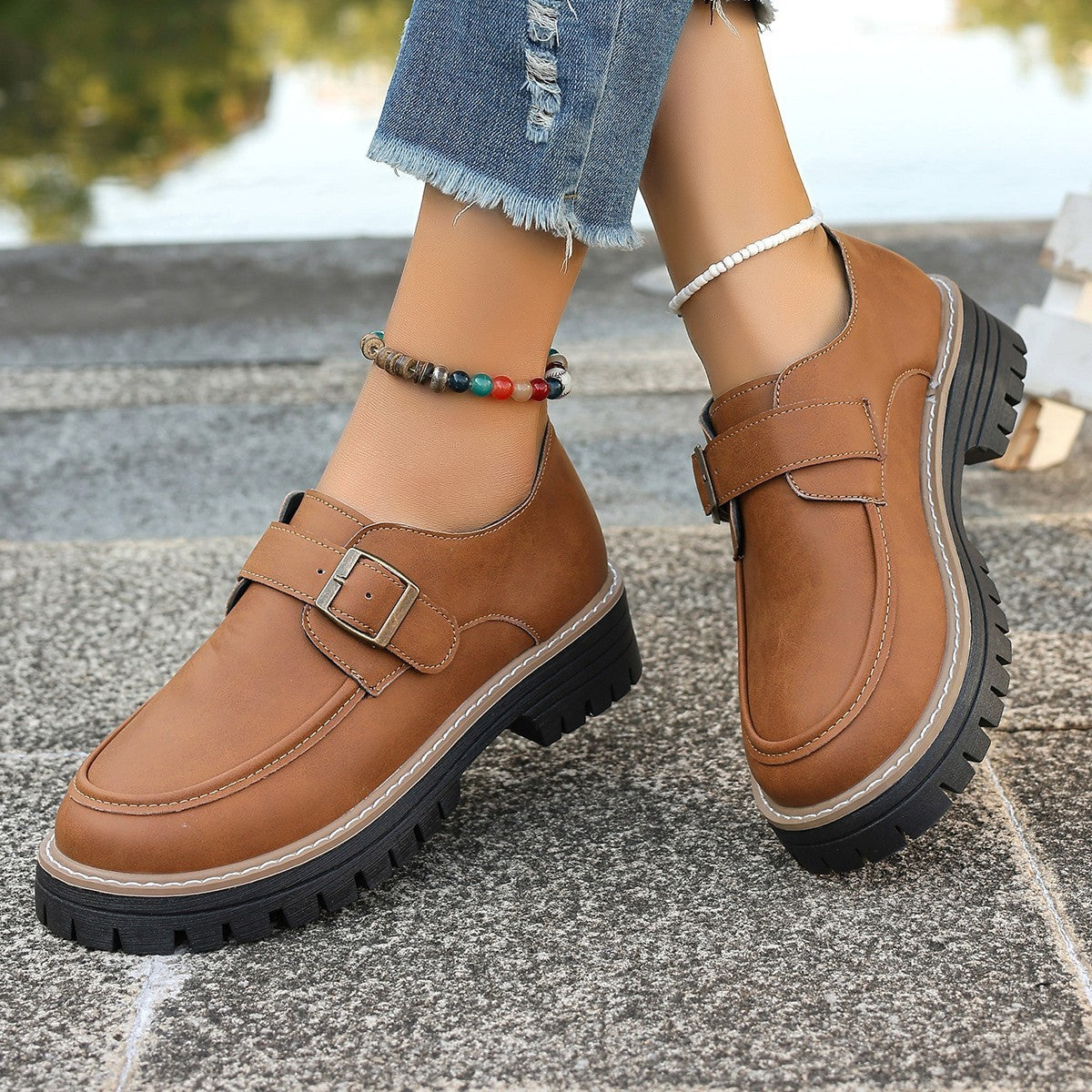 Fashion Buckle Loafers For Women British Style Height-increasing Women DealSniper.net Brown Size36