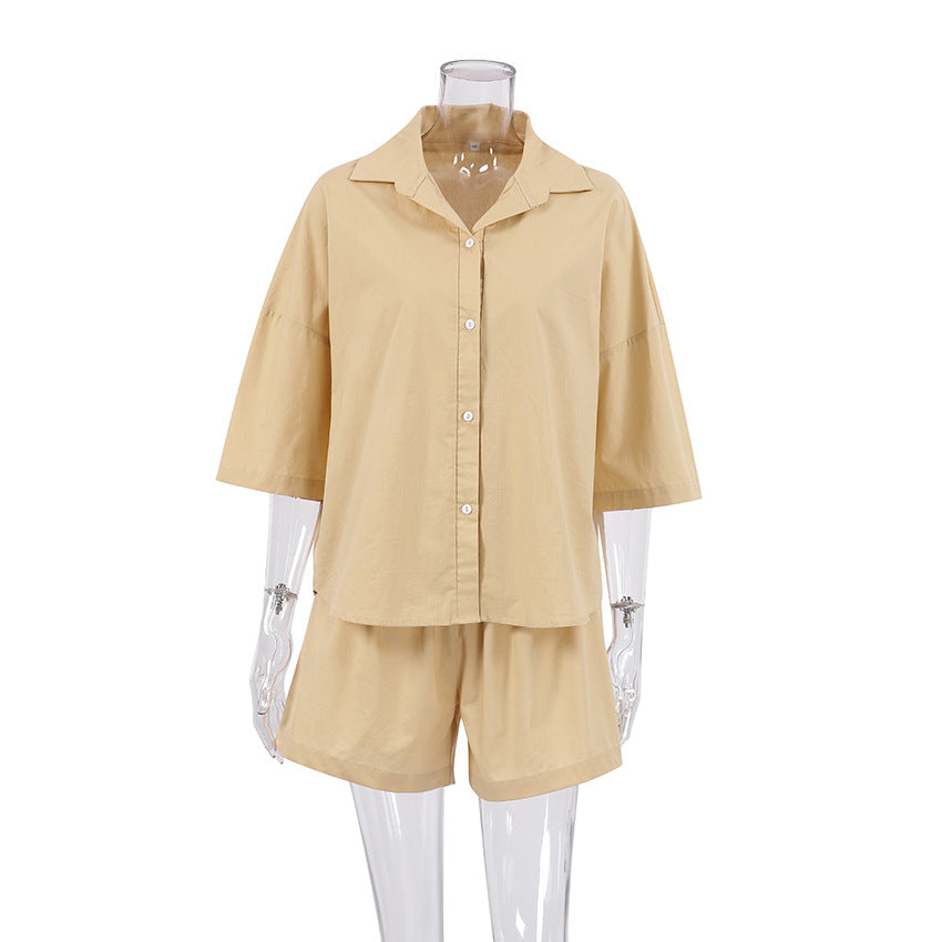 New Cotton And Linen Shirt Pajamas 34 Sleeve Outer Shorts Suit Women DealSniper.net