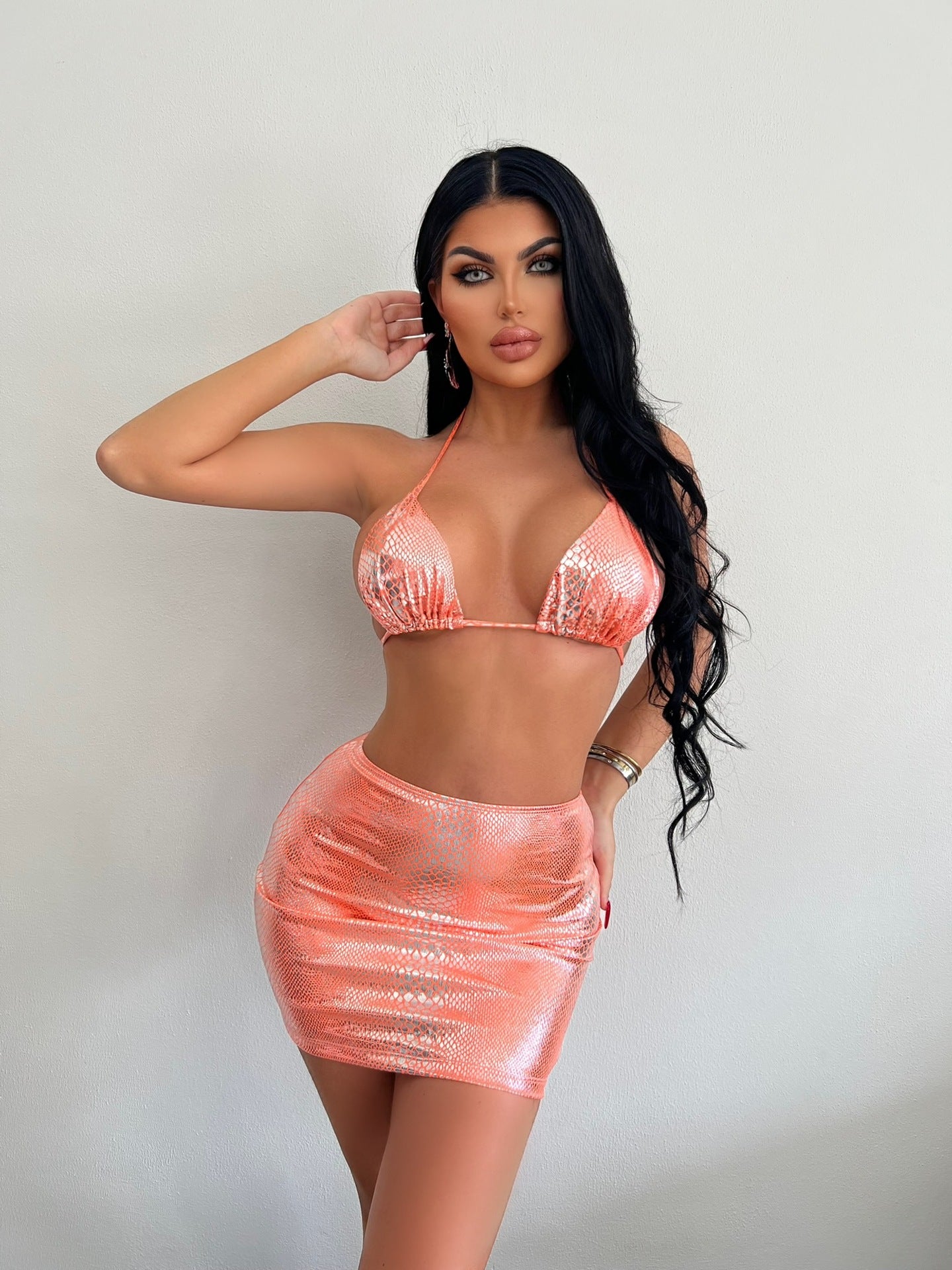 Women's 3 Piece Bathing Suits Halter Snake Pattern Bikini Set Women DealSniper.net Orange L