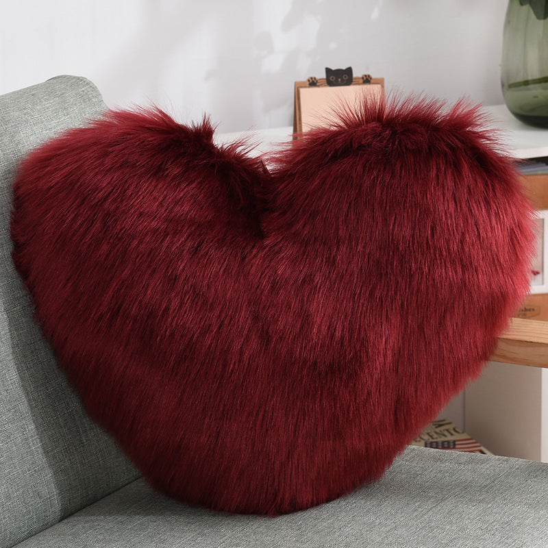 Throw Pillows Heart Shape Long Plush Fluffy Shaggy Cushion Cover Deals DealSniper.net Wine Red 40X50cm pillow core