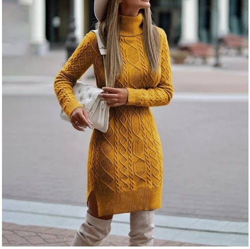 Fashion Turtleneck Knitted Dress With Slit Design Women DealSniper.net Yellow 2XL