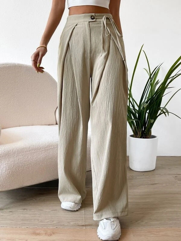 High-waist Lace-up Patchwork Fashion Casual Straight Leg Pants Women DealSniper.net