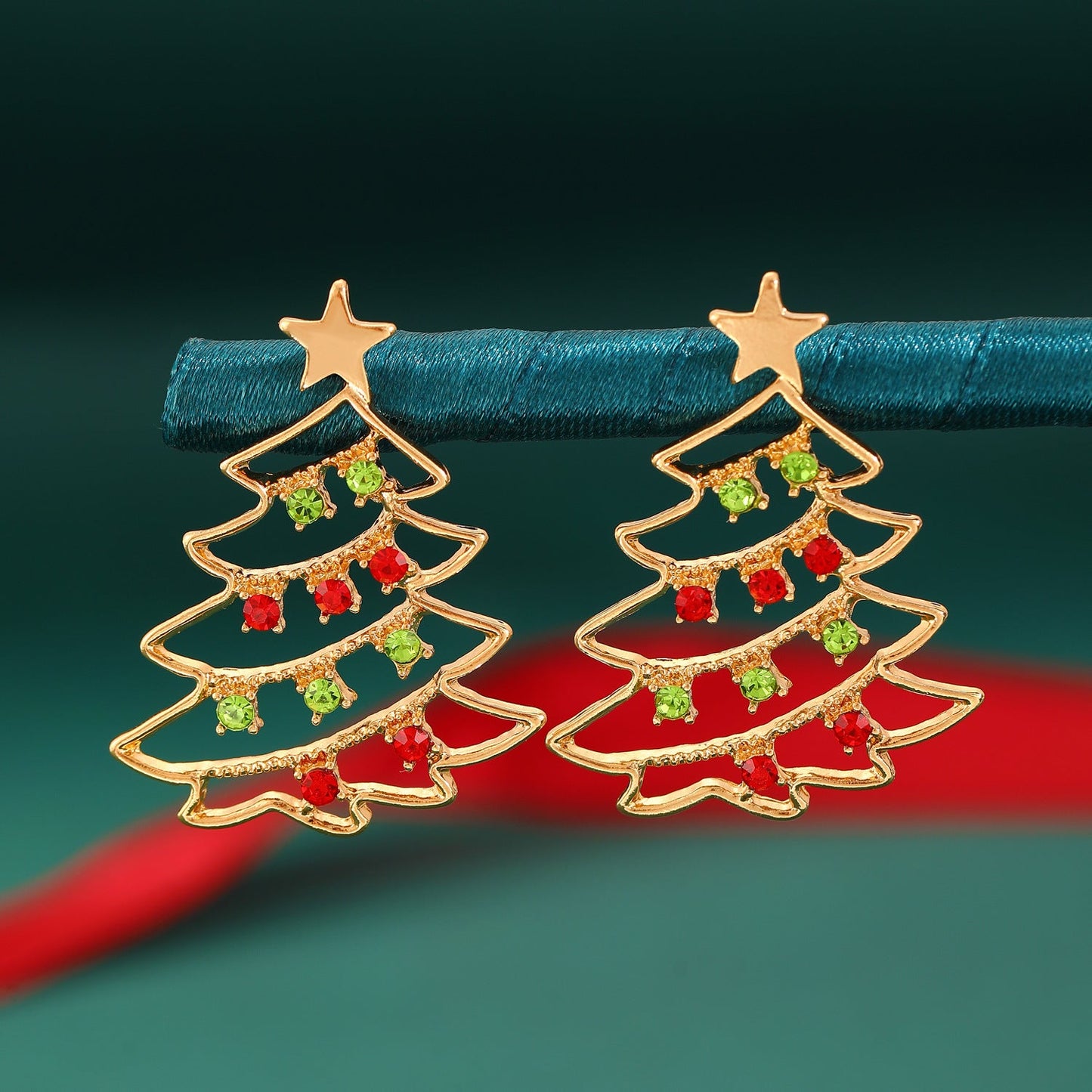 Christmas Earrings With Christmas Tree Colorful Zircon Holidays DealSniper.net 02kc Gold Red Green 2519