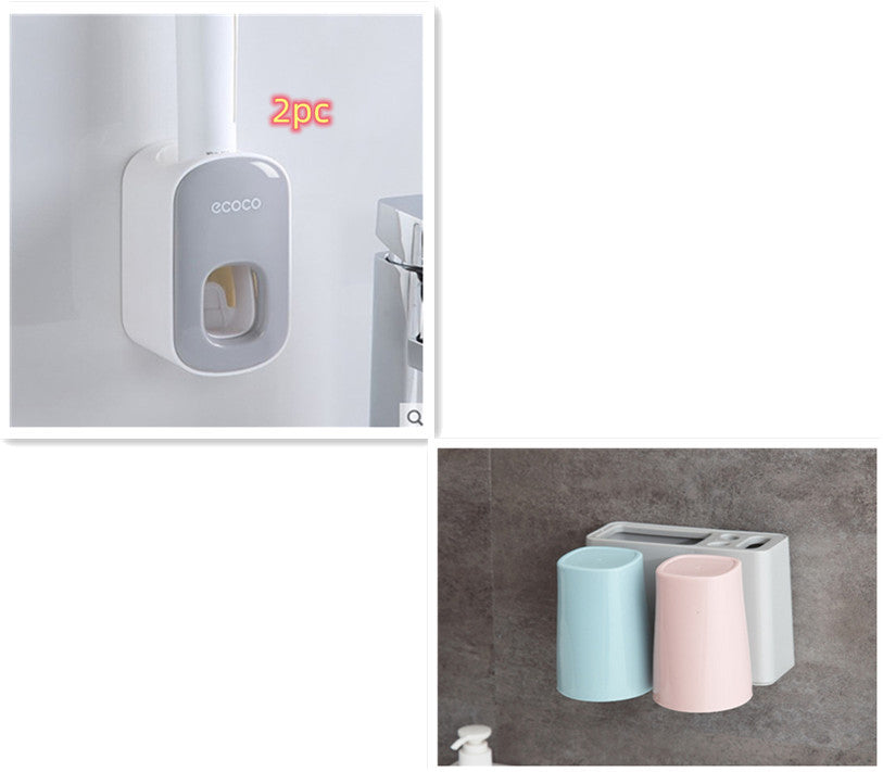 Wall Mounted Automatic Toothpaste Holder Bathroom Accessories Set Dispenser Kitchen DealSniper.net Grey2PC Double cups