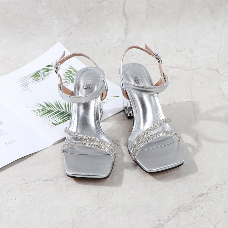Fashion Square Toe Buckle Solid Color Large Size Womens High Heels Women DealSniper.net Silver 36