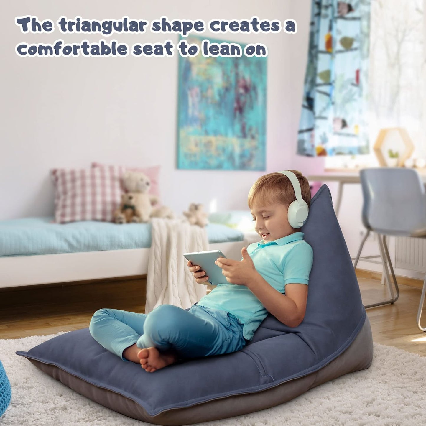 Stuffed Animal Storage Bean Bag Chair Cover For Kids And Parents - Cover ONLY,Washable Premium Canvas Stuffie Seat Grey Blue Kids DealSniper.net