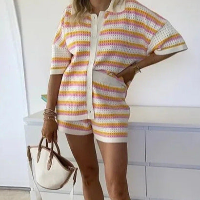 Contrast Color Top Lapel Shirt Striped Shorts Suit Women DealSniper.net
