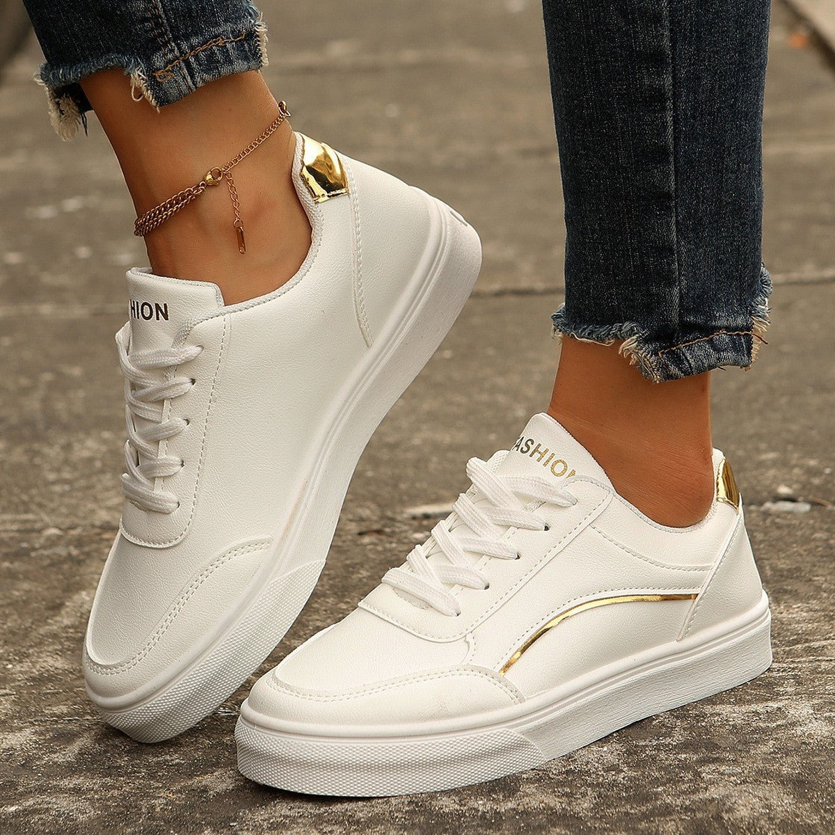 Lace-up White Flats Shoes Fashion Round Toe Slip-on Thick Women DealSniper.net Gold Size36