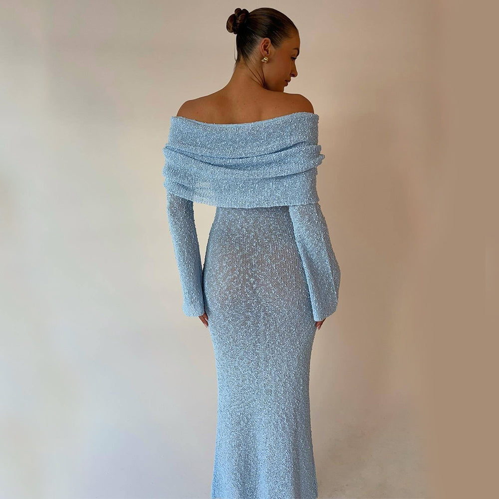 New One-shoulder Knitted Long-sleeved Dress Sexy Beach Women DealSniper.net Blue L