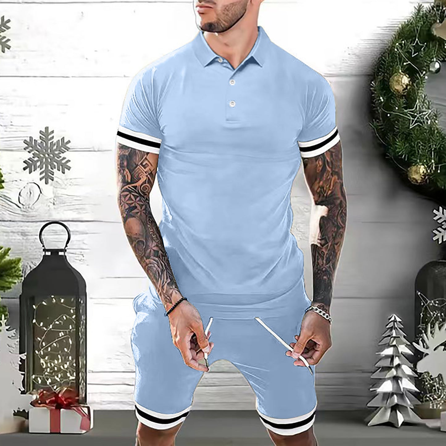 Mens Short Sets 2 Piece Outfits Polo Shirt Fashion Summer Men DealSniper.net Blue 2XL