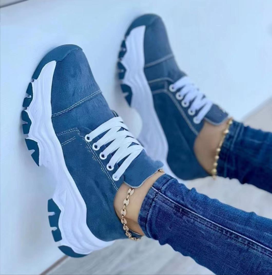 Platform Sport Flats Shoes Lace-up Sneaker Outdoor Walking Casual Shoes Women Women DealSniper.net Blue Size36