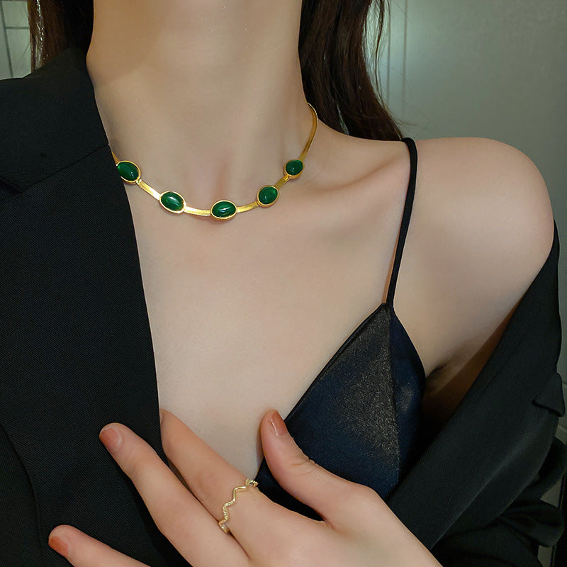 Titanium Steel Vintage Emerald Blade Chain Necklace Women Jewelry DealSniper.net Green Necklace 45.3cm