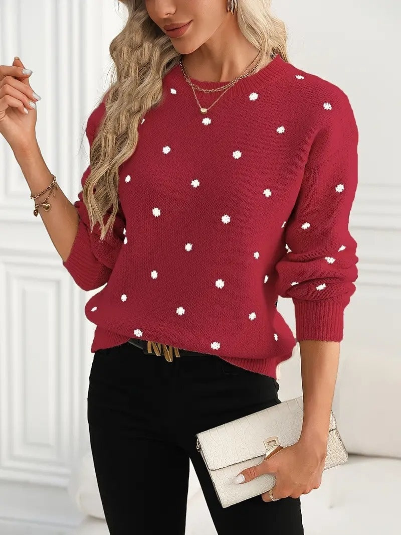 Ins Polka Dot Print Pullover Sweater Fashion Casual Long-sleeved Women null Red L
